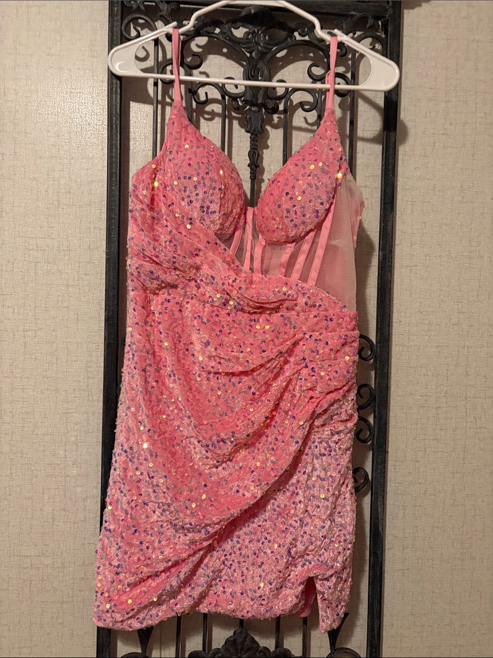 Sparkling Pink Sequin Mini Dress with Strappy Bodice